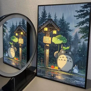 Totoro sous la pluie avec parapluie à un arret de bus illuminé