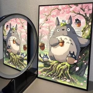 Totoro spus un cerisier en fleurs roses au printemps