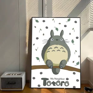 Totoro assis sur une branche illustration minimaliste avec feuilles